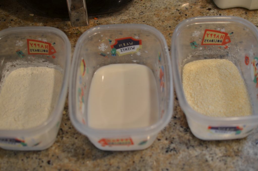 Assembly line of flour, milk, and panko