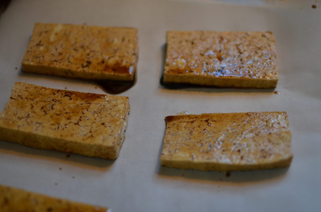 Marinated tofu just before placing in the oven.