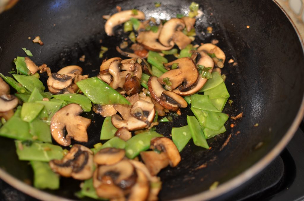 Snow pea pods cooked with the mushrooms, garlic, and green onions.