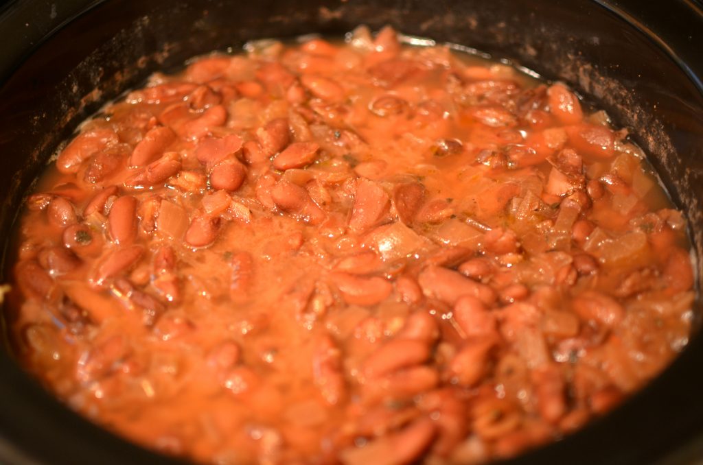 Red beans and rice cooked in a crockpot.